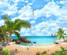 Фреска Берег на острове с пальмами и голубым небом