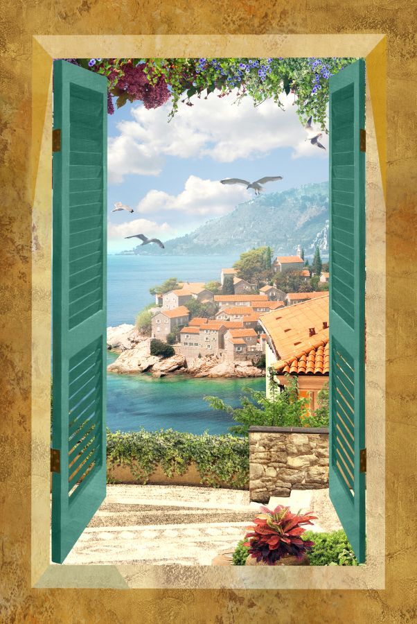Картина на холсте окно с видом на морской городок, арт hd0882701