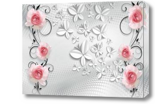 Картина 3D Розы и бабочки на серебристом фоне
