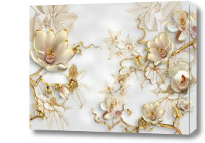 Картина 3D Цветы с золотом на белом фоне